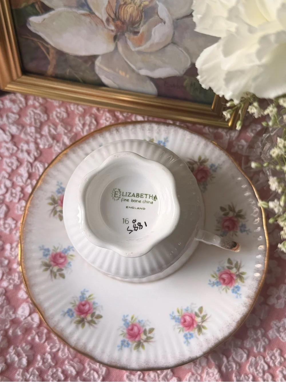 Vintage White Porcelain Teacup and Saucer with Pink Rose Pattern and Gold Trim